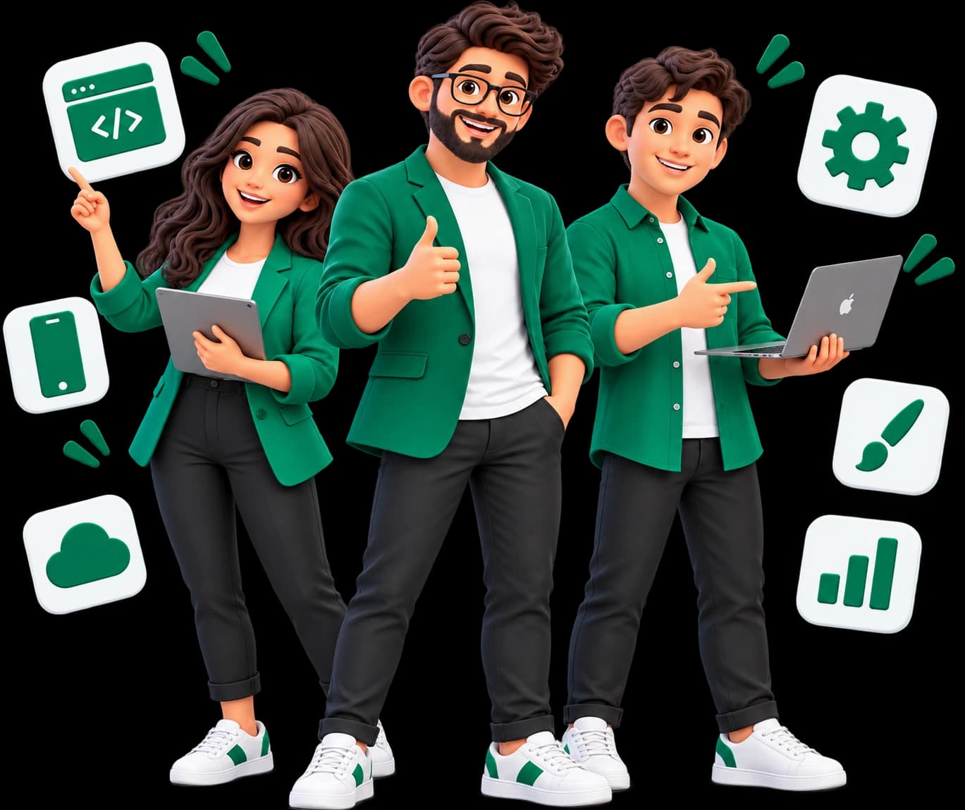 MetaLinx team members working across development, design, and mobile with app-service icons floating around them